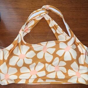 Tan and Pink Floral Bikini Top with Strappy Design